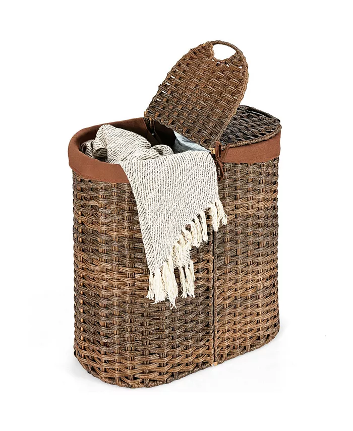 Costway Handwoven Laundry Hamper Laundry Basket w 2 Removable Liner Bags - Intensery