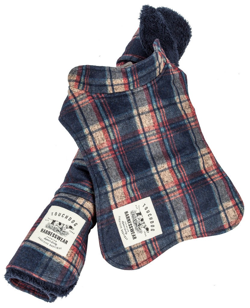 Touchdog 2-In-1 Tartan Plaided Dog Jacket With Matching Reversible Dog Mat in Navy Plaid (X-small) - Pet Life JB1NVXS - Intensery