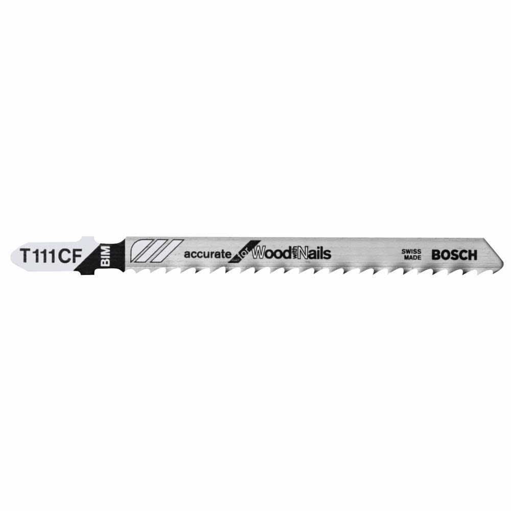 Bosch 5 pc. 4 In. 8 TPI Accurate for Wood with Nails T-Shank Jig Saw Blades T111CF from Bosch - Intensery