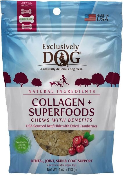 Exclusively Pet Collagen + Superfood Chews Cranberry Dental Dog Treats， 4-oz bag - Intensery
