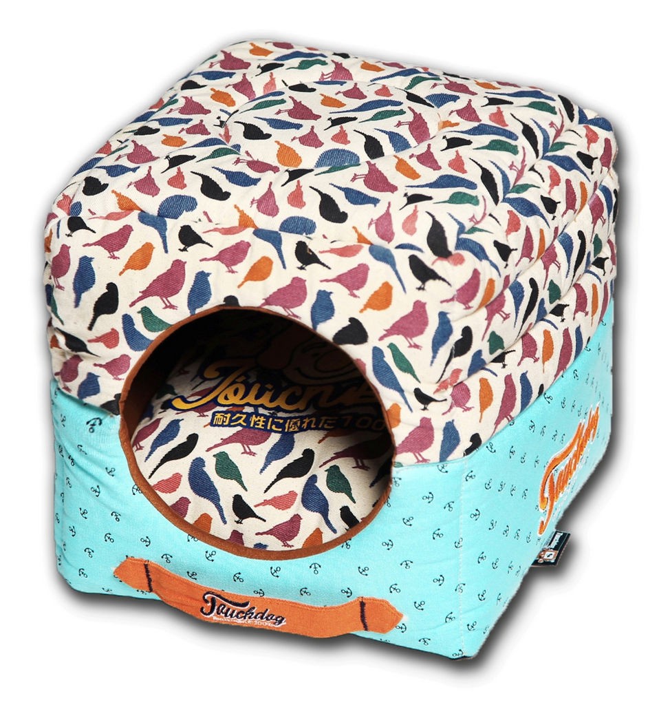 Touchdog Chirpin-Avery Convertible and Reversible Squared 2-in-1 Collapsible Dog House Bed in Bird Pattern (One Size) - Pet Life PB54DSLG - Intensery