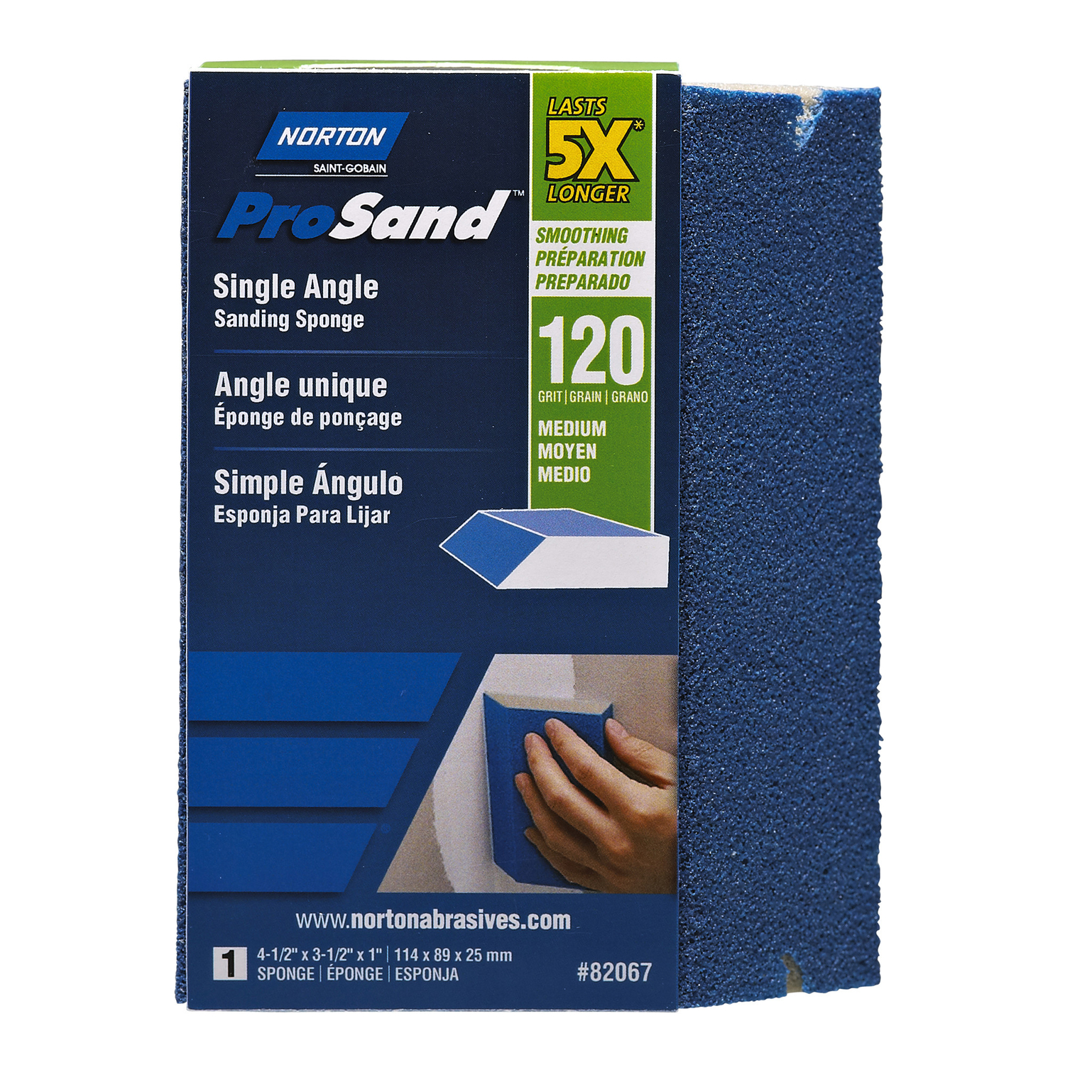 Norton ProSand 4.5 in. L X 3.5 in. W X 1 in. 120 Grit Medium Single Angle Sanding Sponge - Intensery