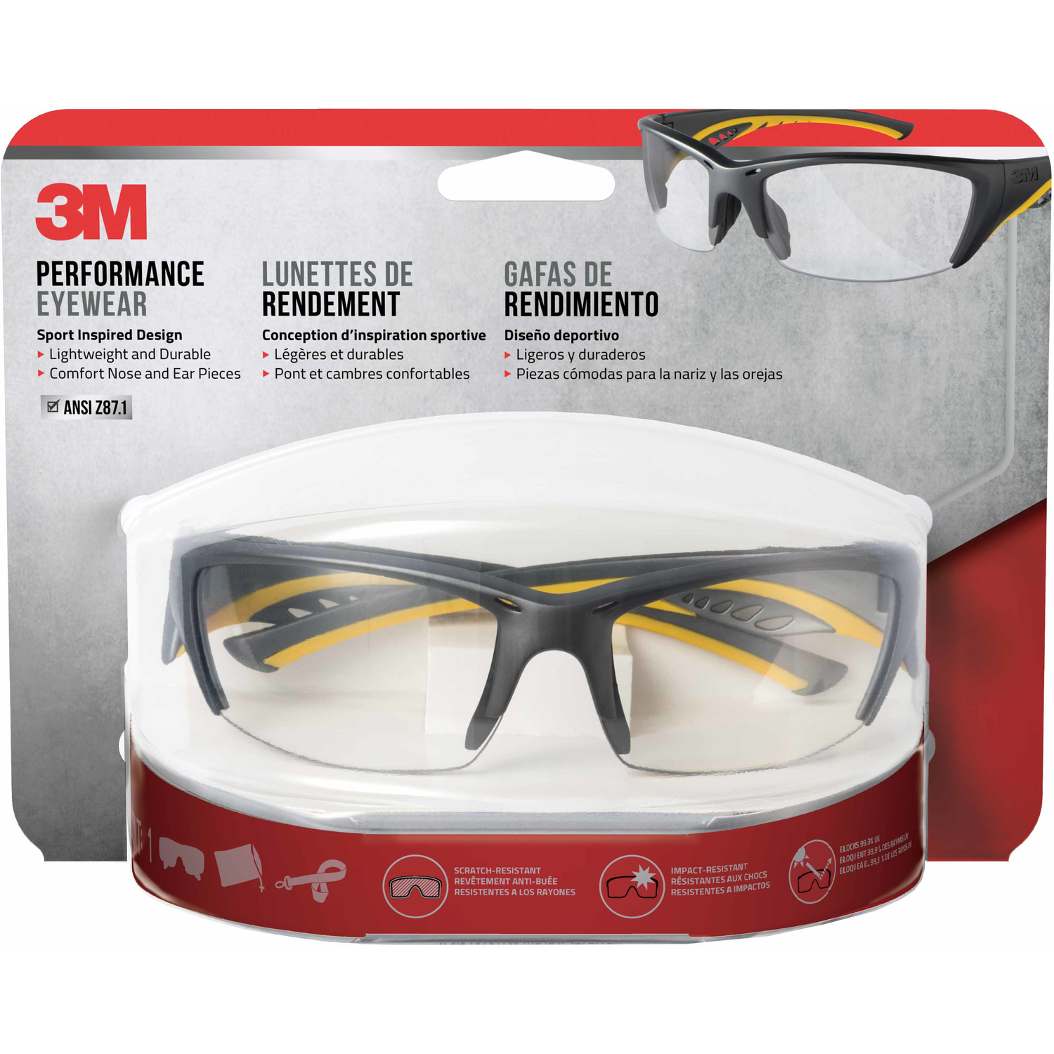 3M Anti-Fog Modern/Sleek Impact-Resistant Safety Glasses Clear Lens Gray/Yellow Frame 1 pc - Intensery