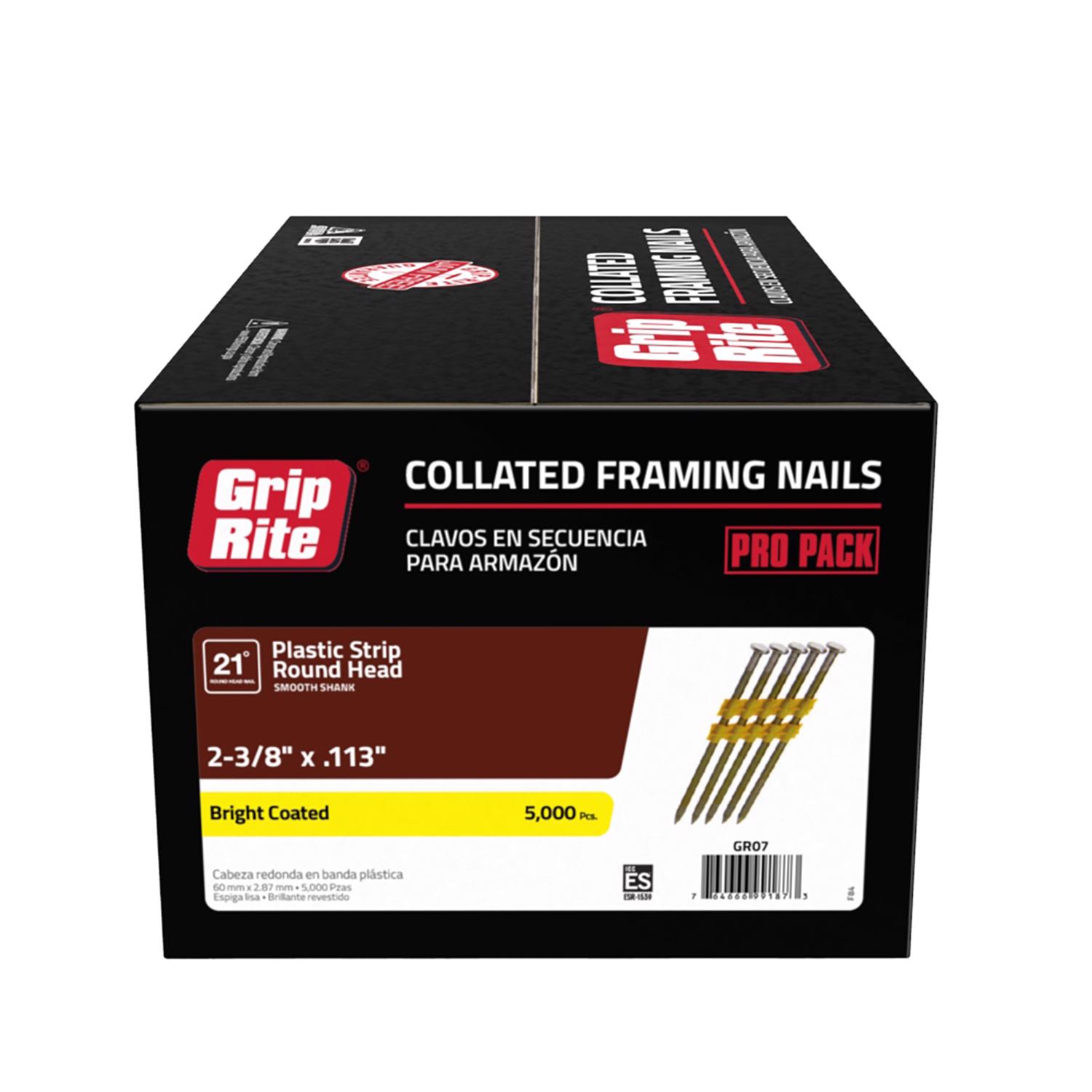 Grip-Rite 2-3/8 in. 12 Ga. Angled Strip Bright Framing Nails 21 deg 5000 pk - Intensery