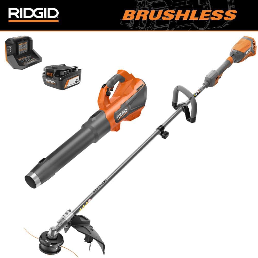 RIDGID 18V Brushless 14 in. Cordless Battery String Trimmer and Leaf Blower 2-Tool Combo Kit with 4.0 Ah Battery and Charger R019001 - Intensery