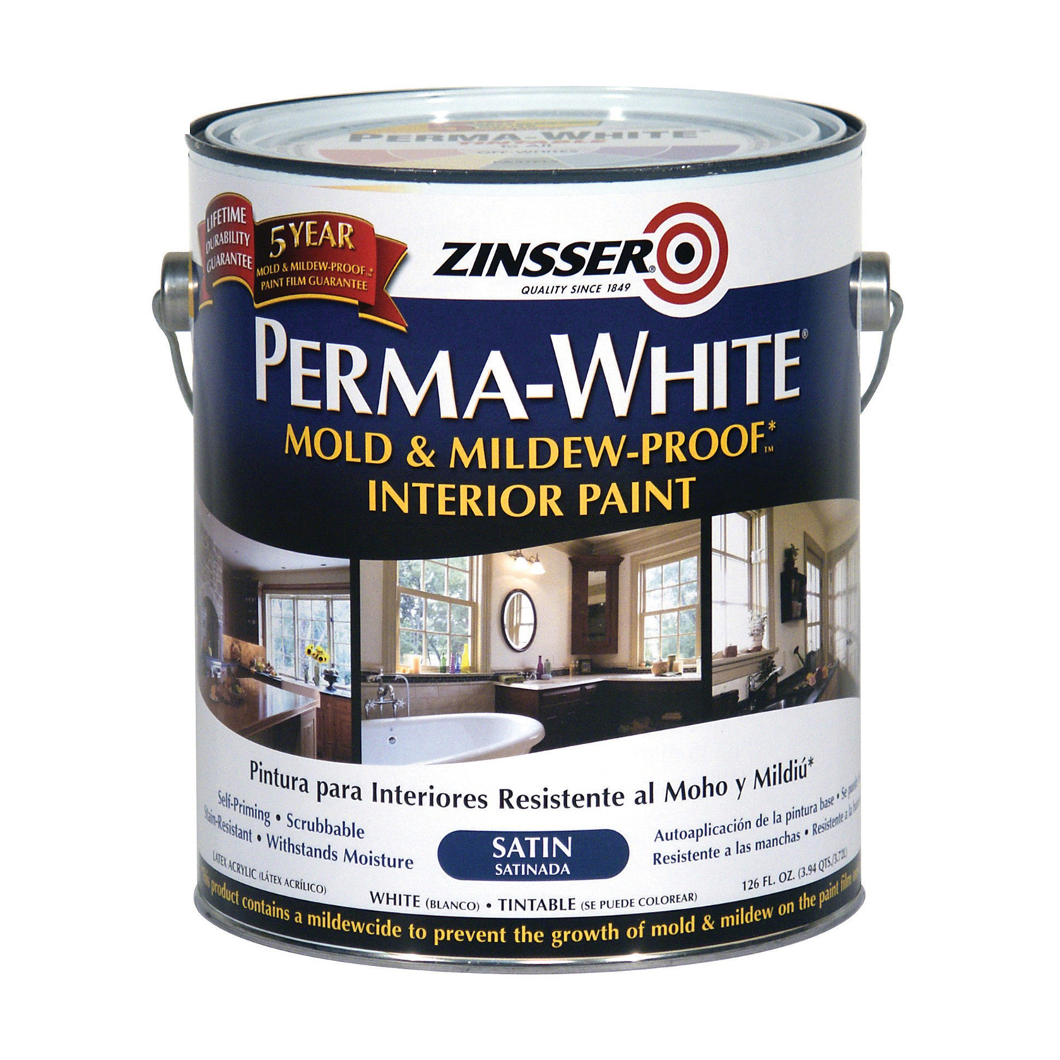Zinsser Perma-White Satin White Water-Based Mold and Mildew-Proof Paint Interior 1 gal - Intensery