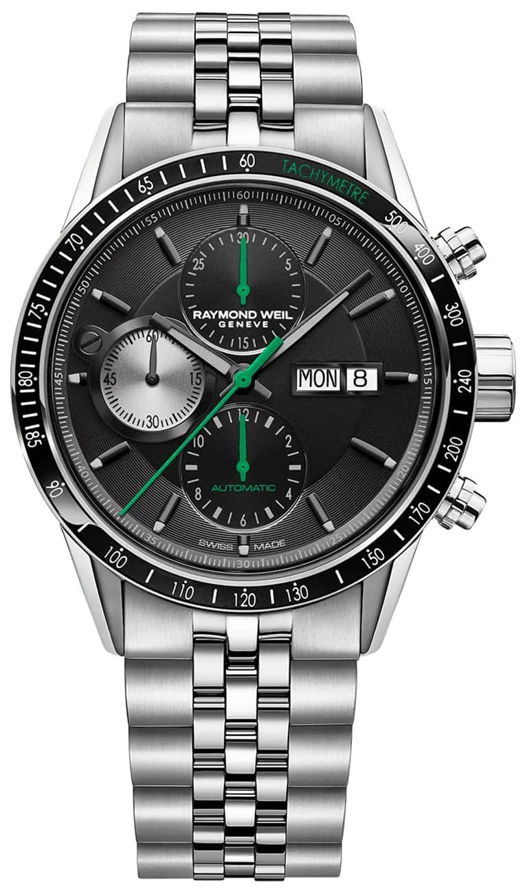 Raymond Weil Freelancer Automatic Chronograph Black Dial Silver Bracelet Watch， 42mm - Intensery