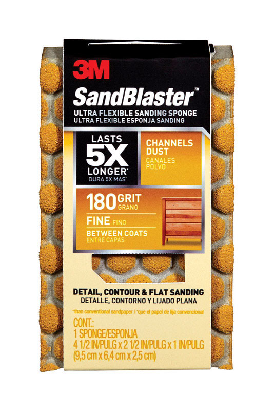 3M 4-1/2 in. L X 2-1/2 in. W X 1 in. 180 Grit Fine Flat Surface Dust Channeling Sanding Sponge - Intensery