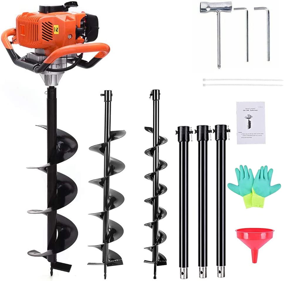 Jacgood 62cc Post Hole Digger 2 Stroke Petrol Gas Powered Earth Digger with 3 Auger Drill Bits (3