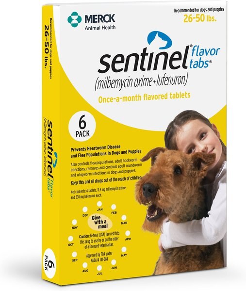 Sentinel Tablet for Dogs， 26-50 lbs， (Yellow Box) - Intensery