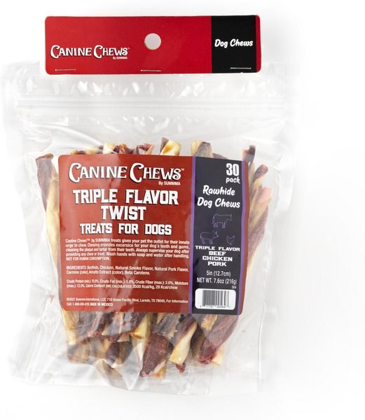 Canine Chews 6-inch Triple Twist Chicken， Beef， and Pork Flavored Rawhide Dog Chews， 30 count - Intensery