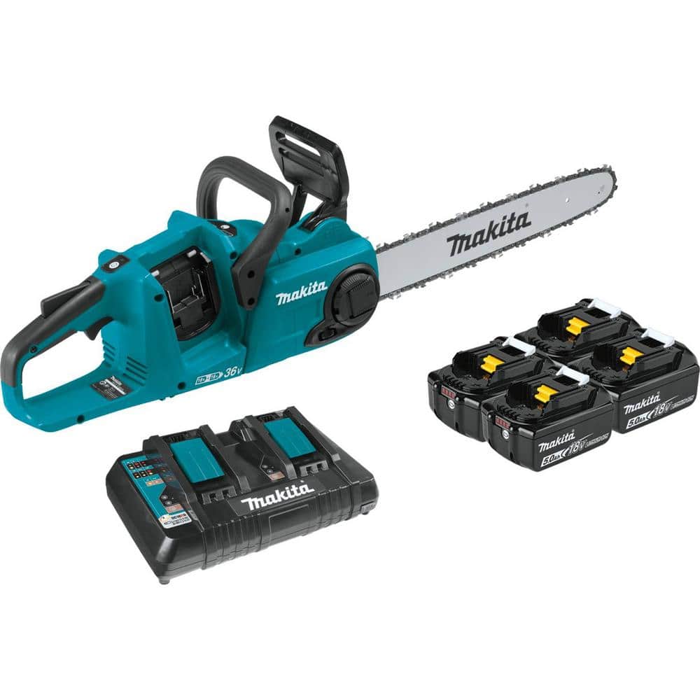 Makita 18-Volt X2 (36-Volt) LXT Lithium-Ion Brushless Battery 16 in. Chain Saw Kit with 4 Batteries (5.0 Ah) XCU04PT1 - Intensery