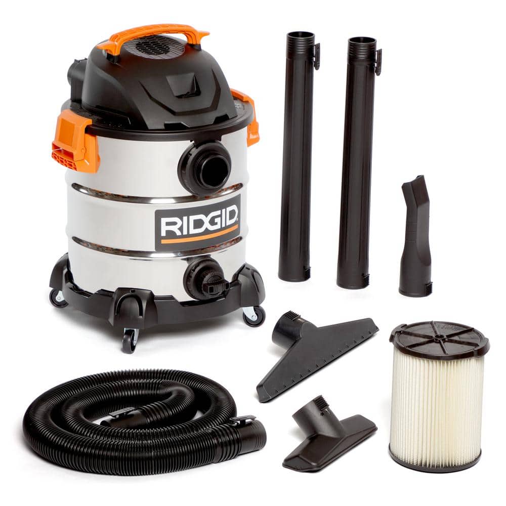 RIDGID 10 Gallon 6.0 Peak HP Stainless Steel Wet/Dry Shop Vacuum with Filter, Locking Hose and Accessories WD1060 - Intensery