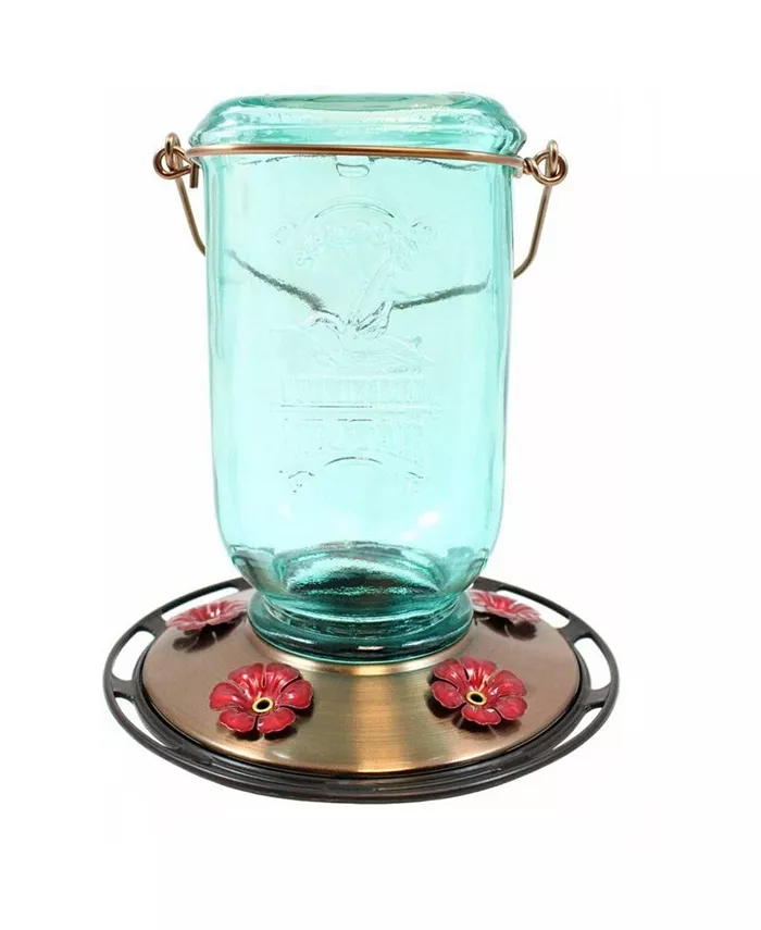 More Birds Rustic Glass Mason Jar Hummingbird Feeder 25 oz Aqua - Intensery