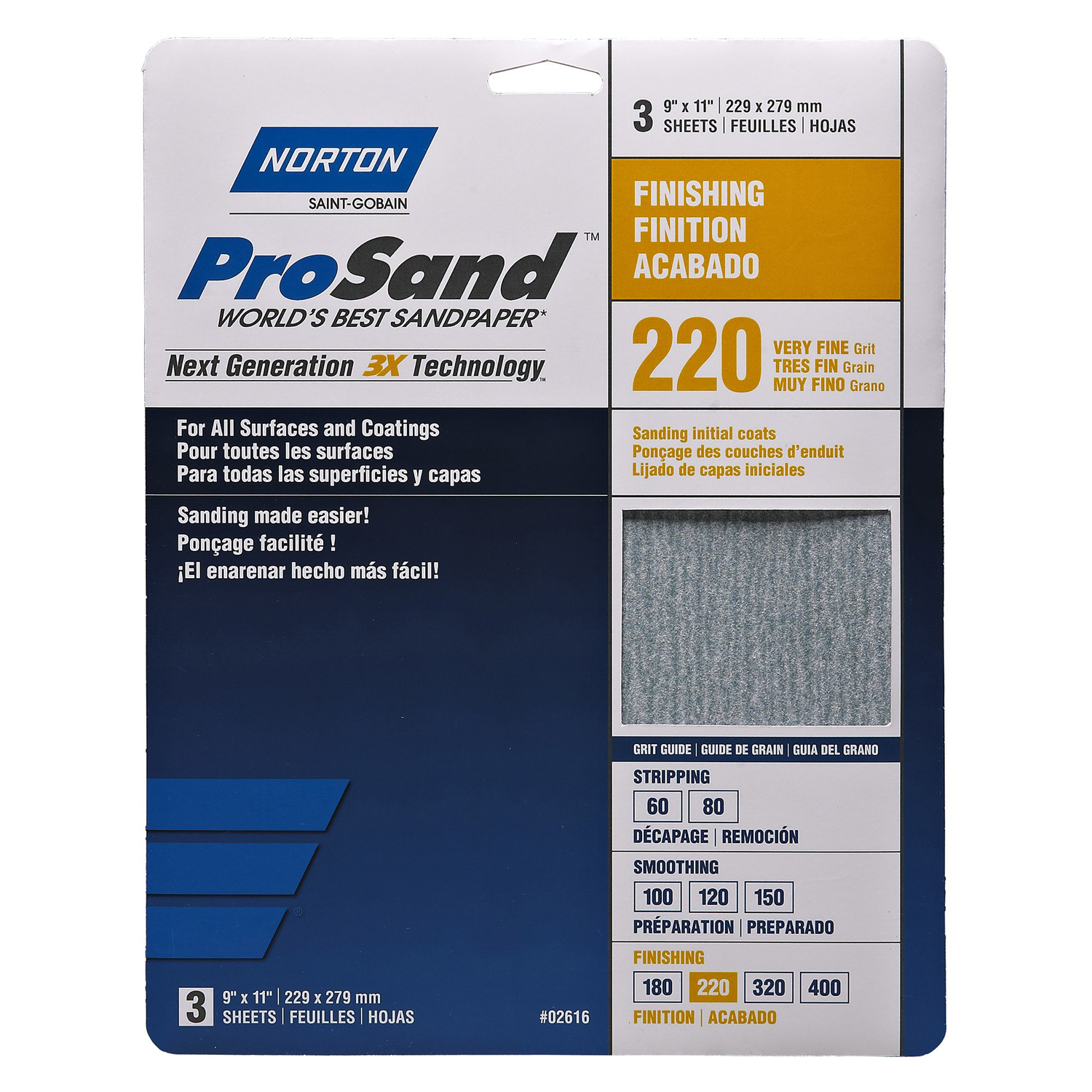 Norton ProSand 11 in. L X 9 in. W 220 Grit Aluminum Oxide Sandpaper 3 pk - Intensery