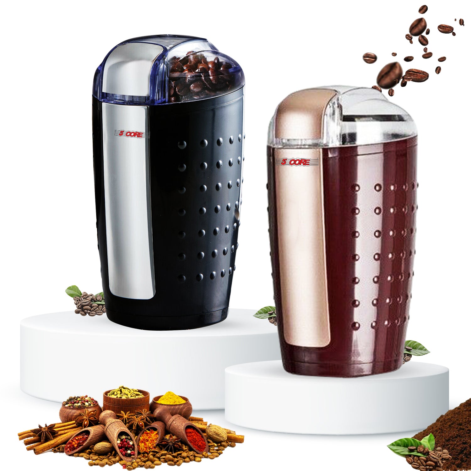 5Core 2 Pieces Electric Coffee Grinder Spice Grinders Large Portable Compact with Stainless Blade Grinder CG 01 BR & BL - Intensery