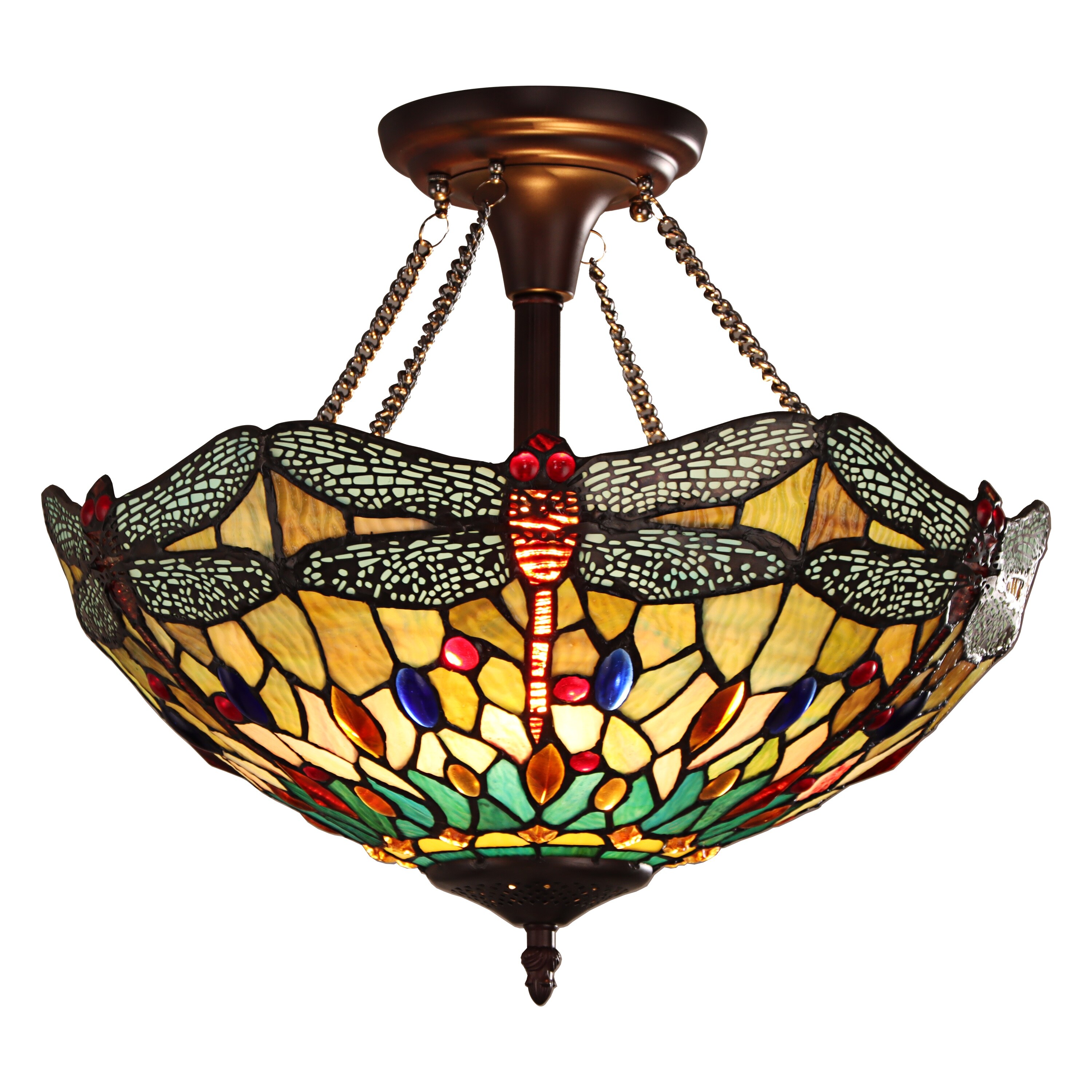Tiffany-Style Dragonfly Design 2-light Dark Bronze Semi-Flush Mount - Intensery