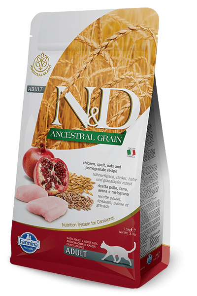 Farmina NandD Natural and Delicious Low Grain Adult Chicken and Pomegranate Dry Cat Food - 3.3 lb Bag - Intensery