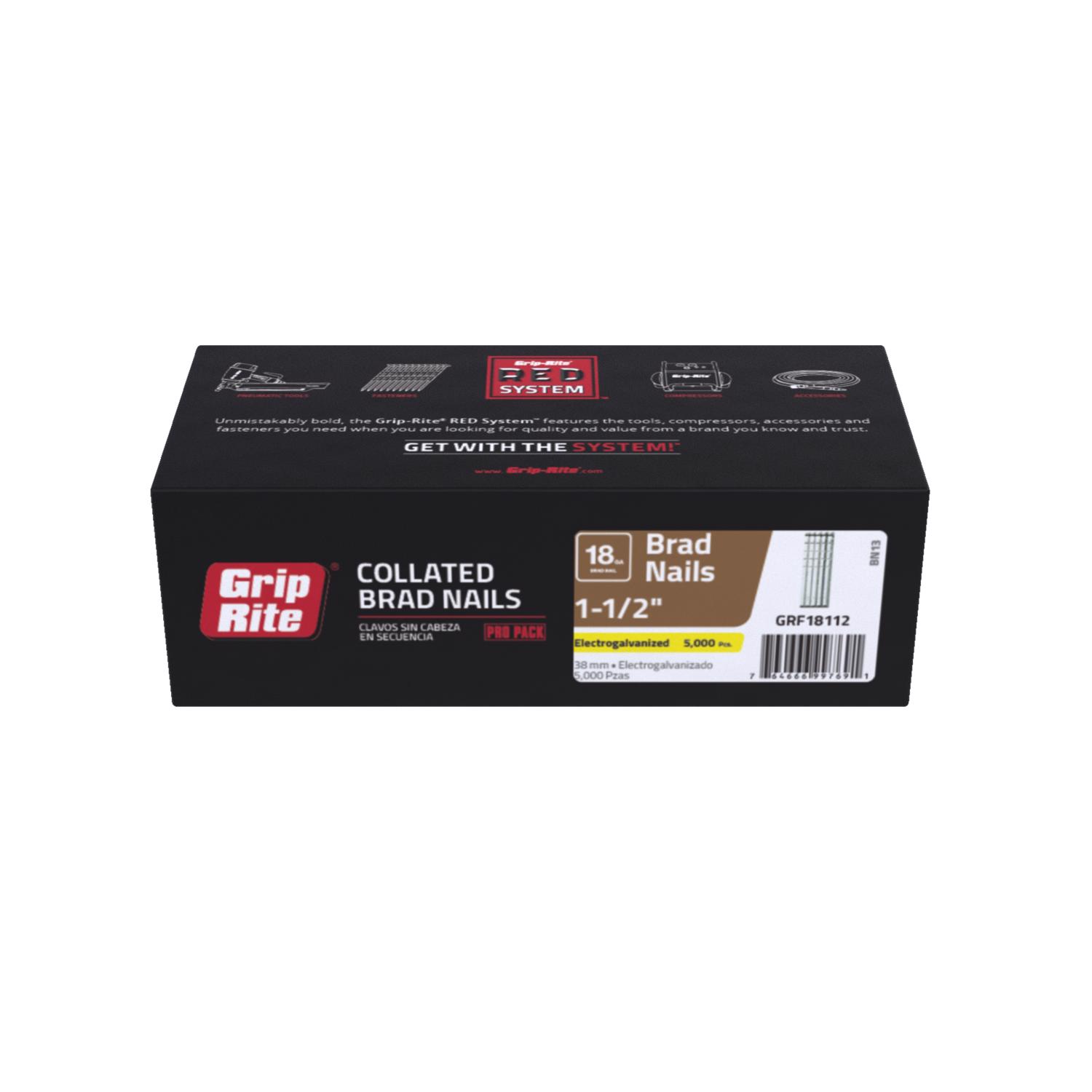Grip-Rite 1-1/2 in. 18 Ga. Straight Strip Electro Galvanized Finish Nails 5000 pk - Intensery