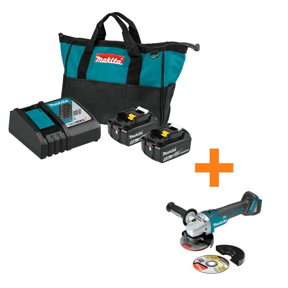 Makita 18-Volt LXT Battery and Rapid Optimum Charger Starter Pack (5.0Ah) with bonus 18V LXT Brushless Cut-Off/Angle Grinder BL1850BDC2XAG04 - Intensery