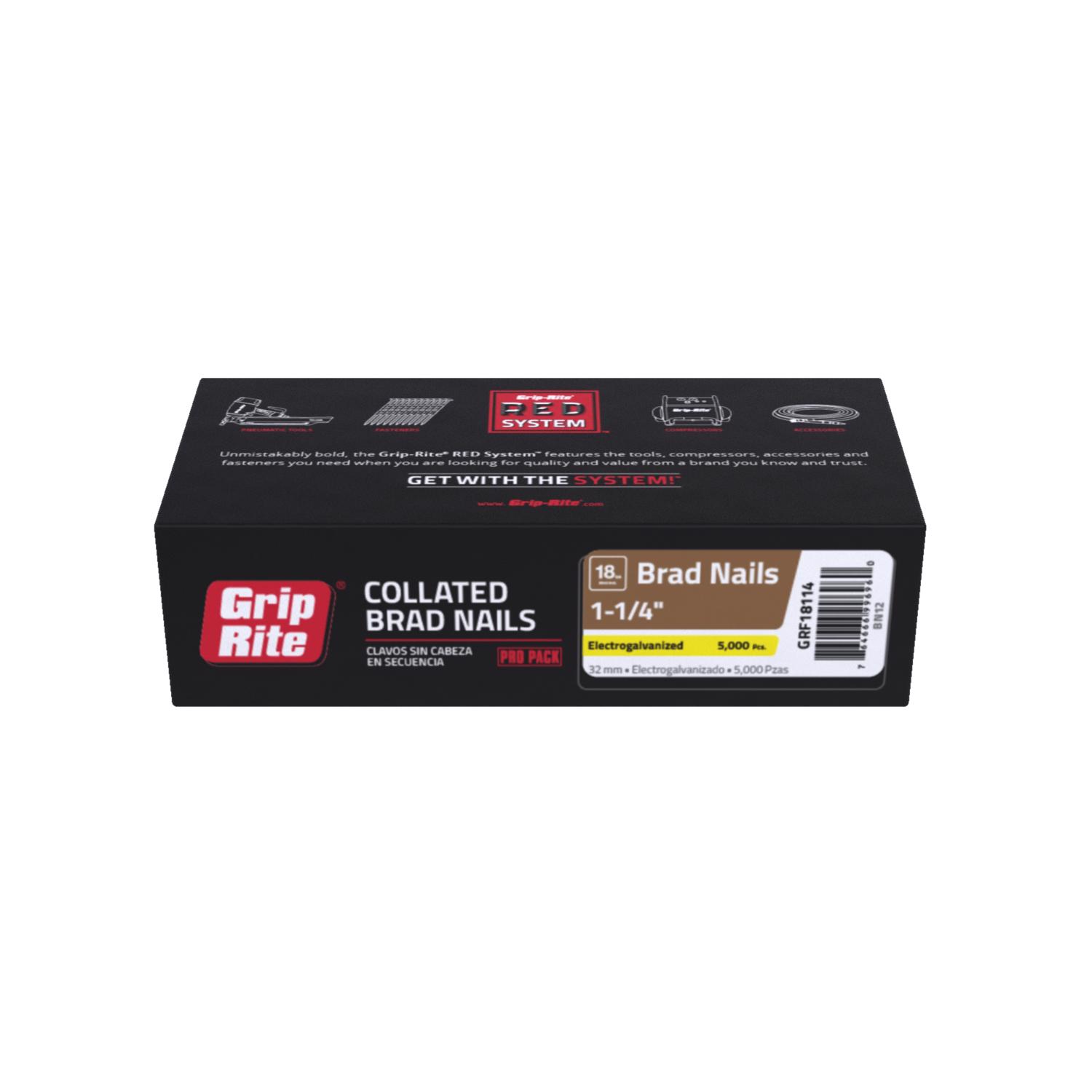 Grip-Rite 1-1/4 in. 18 Ga. Straight Strip Electro Galvanized Finish Nails 5000 pk - Intensery