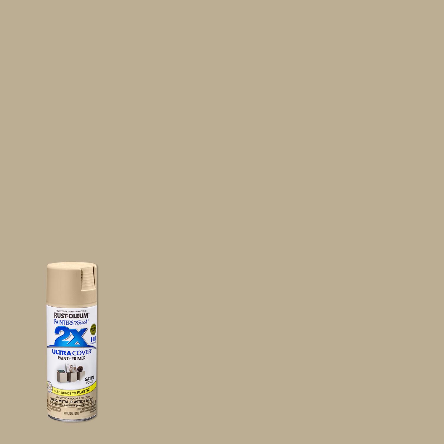 Rust-Oleum Painter\u0027s Touch 2X Ultra Cover Satin Fossil Paint+Primer Spray Paint 12 oz - Intensery