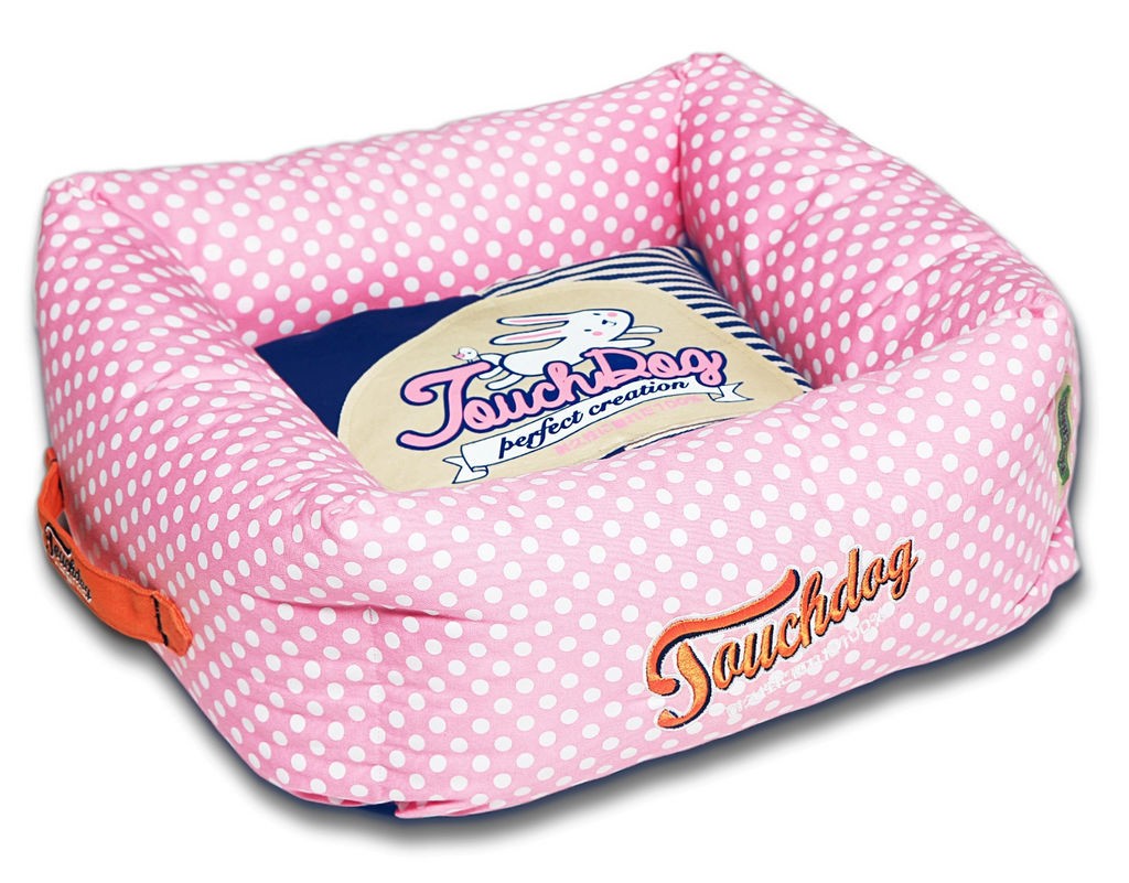 Touchdog Polka-Striped Polo Easy Wash Squared Fashion Dog Bed in Pink， Navy Blue (Large) - Pet Life PB60PKLG - Intensery