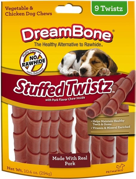 DreamBone Stuffed Twist-Pork Dog Treats， 9 count - Intensery