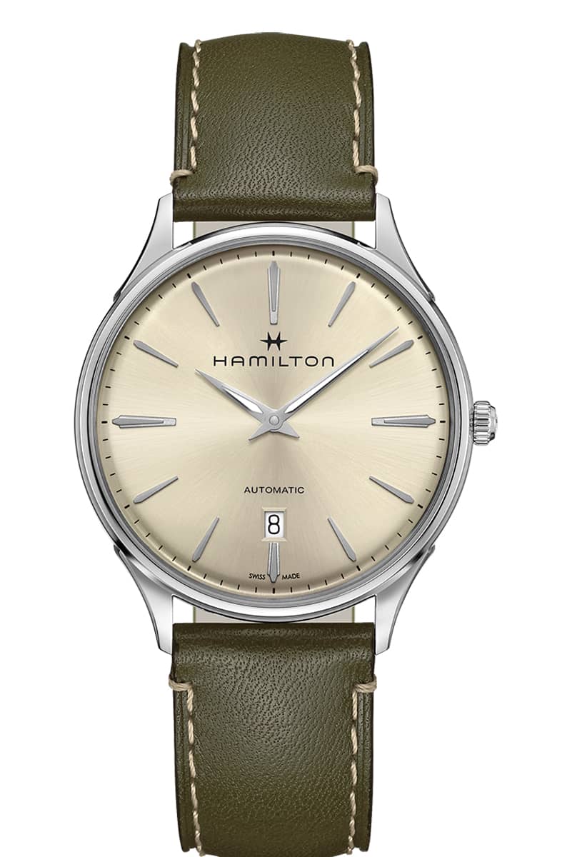 Hamilton Jazzmaster Thinline Auto White Dial Olive Green Leather Watchļ¼?40mm - Intensery