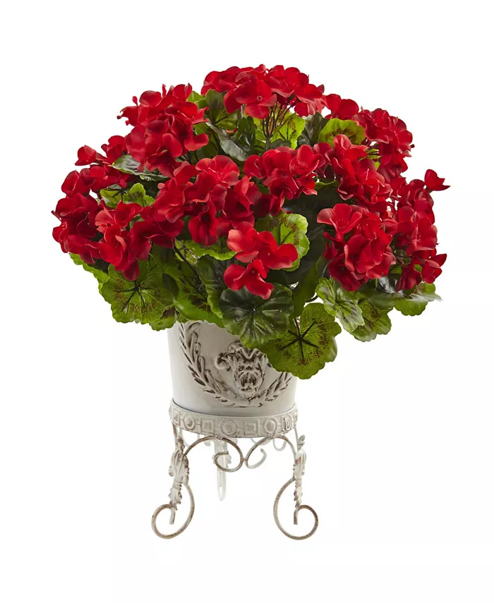 Nearly Natural Geranium UV-Resistant Indoor Outdoor Artificial Plant in Metal Planter - Intensery