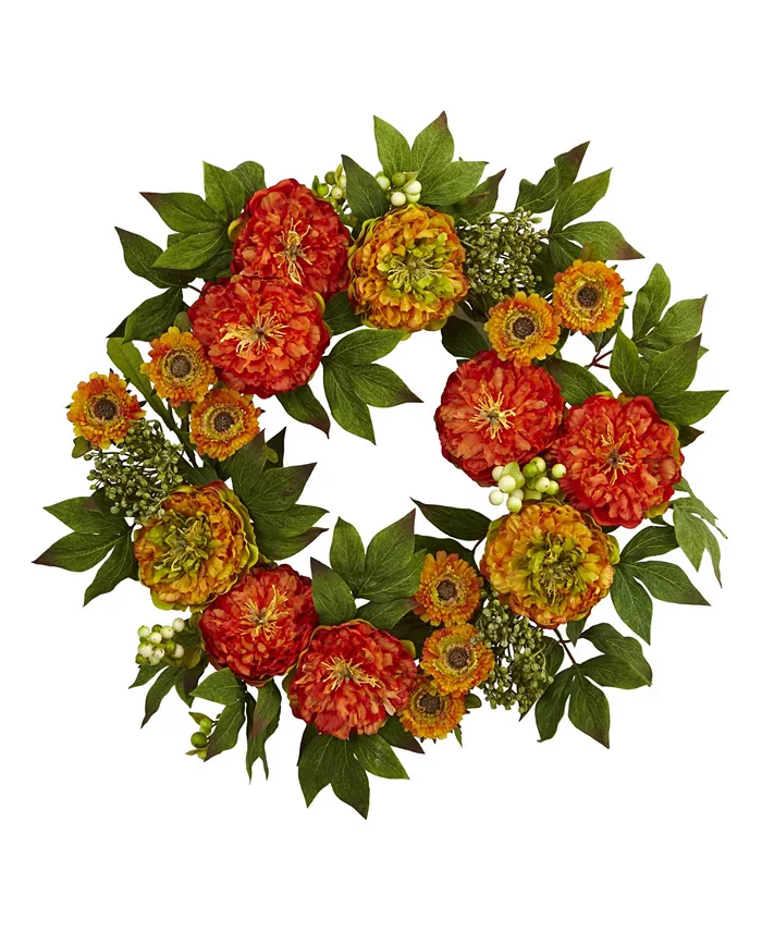 Nearly Natural 24'' Peony Mum Wreath - Intensery