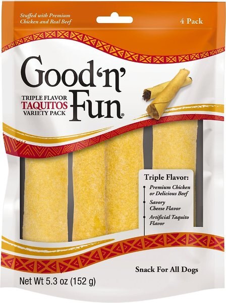 Good 'n' Fun Triple Flavor Taquitos Variety Pack Dog Treats， 5.3-oz bag， 4 count - Intensery