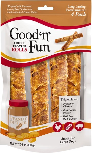 Good 'n' Fun Triple Flavor Peanut Butter Large Rolls Dog Rawhide Treat， 12.6-oz bag， 4 count - Intensery