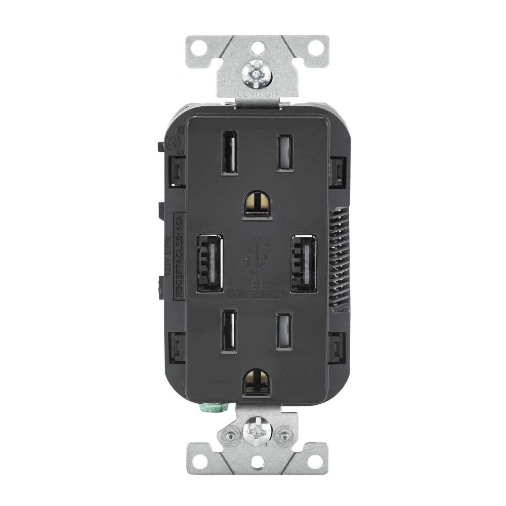 Leviton Decora 15A 125V Black NEMA 5-15R Outlet and USB Charger - Intensery