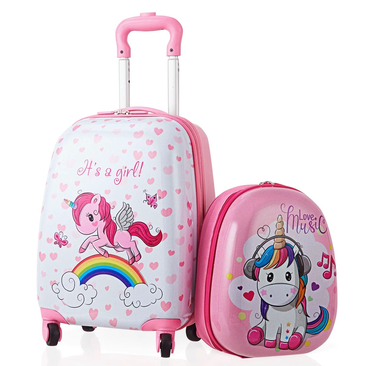 Gymax 2PC Kids Carry-on Luggage Set 12'' Backpack and 16'' Rolling Suitcase for School Travel， Pink - Intensery