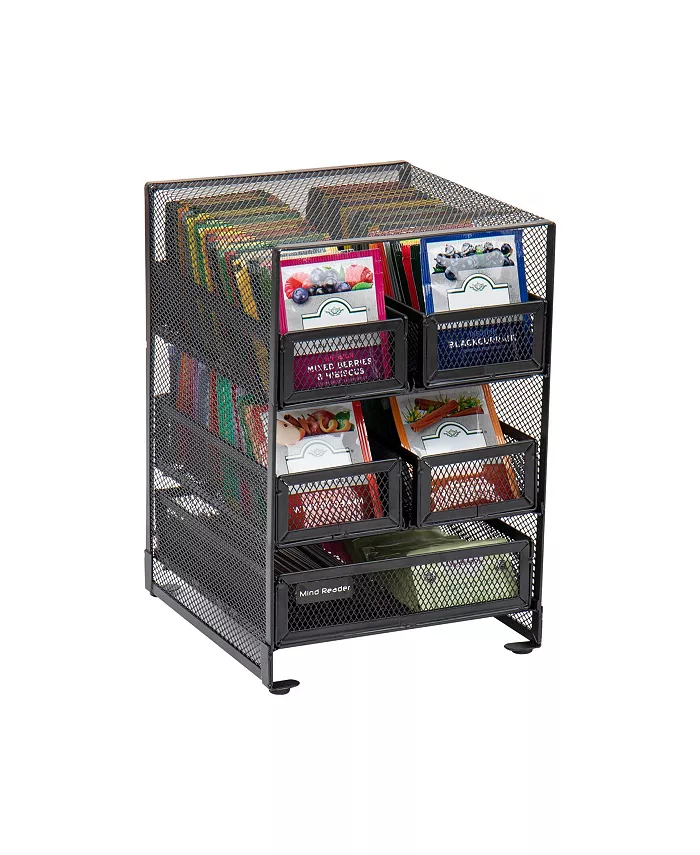 Mind Reader Network Collection， 5-Compartment Tea Organizer， 120 Tea Bag Capacity， Countertop Organizer， Metal Mesh - Intensery