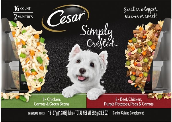 Cesar Simply Crafted Variety Pack Chicken， Carrots and Green Beans and Beef， Chicken， Purple Potatoes， Peas and Carrots Wet Dog Food Topper， 1.3-oz ca - Intensery