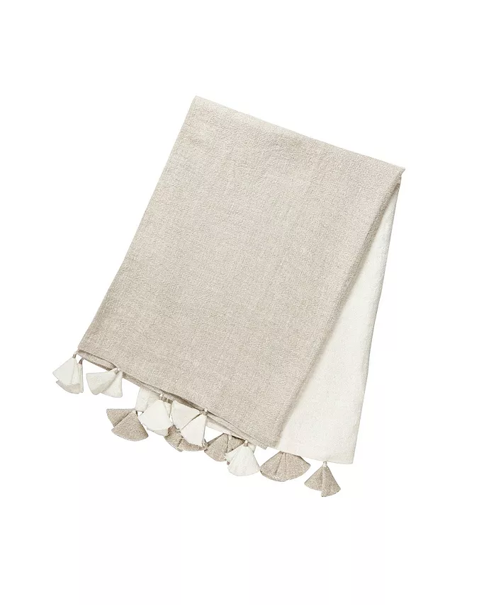 Anaya Home Natural Beige Colorblocked Linen Blanket With Tassels - Intensery