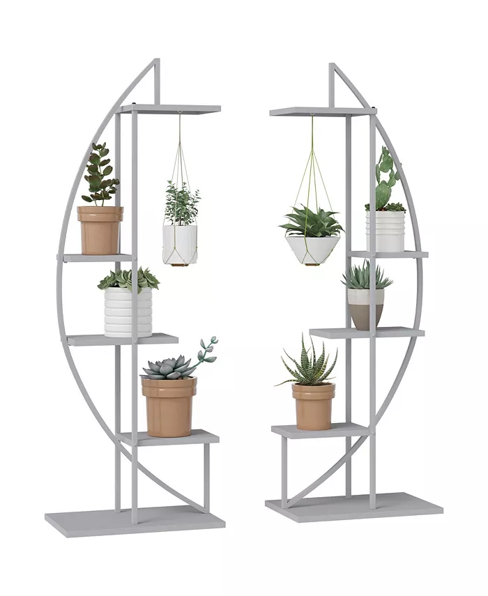 Outsunny 5 Tier Metal Plant Stand Half Moon Shape Ladder Flower Pot Holder Shelf for Indoor Outdoor Patio Lawn Garden Balcony Decor， 2 Pack， Grey - Intensery