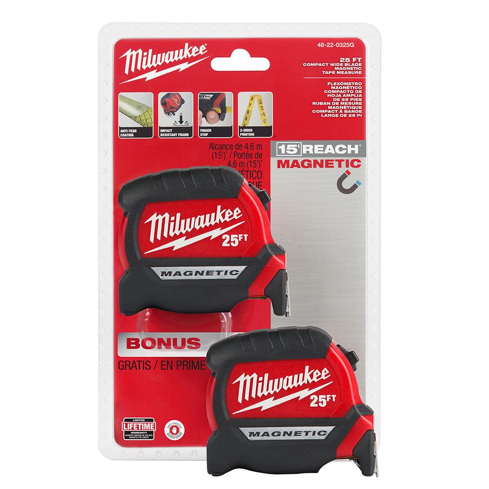 Milwaukee 25' Compact Wide Blade Magnetic Tape Measure 2-Pack 48-22-0325G from Milwaukee - Intensery