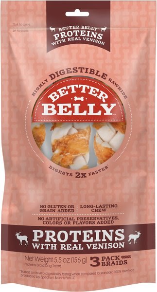 Better Belly Proteins Real Venison Braids Dog Treats， 3 count - Intensery