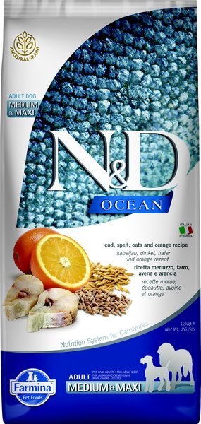 Farmina NandD Ocean Codfish and Orange Ancestral Grain Medium and Maxi Adult Dry Dog Food - Intensery