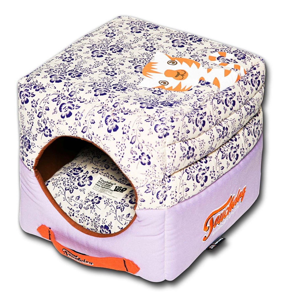 Touchdog Floral-Galore Convertible and Reversible Squared 2-in-1 Collapsible Dog House Bed in Lavender Purple， Cream White (One Size) - Pet Life PB49P - Intensery