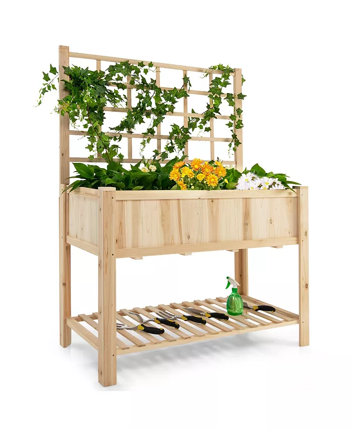 Costway Raised Garden Bed Elevated Wooden Planter Box with Trellis Open Storage Shelf - Intensery