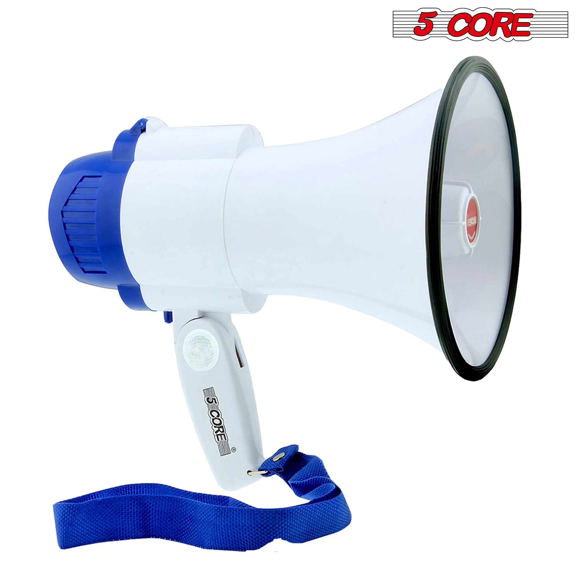 5 Core Megaphone 10W Voice Amplifier White-Blue| Cheer Megaphone with USB, SD Card Input| Recording, Volume Control, and Siren Alarm| Rechargable Batt - Intensery