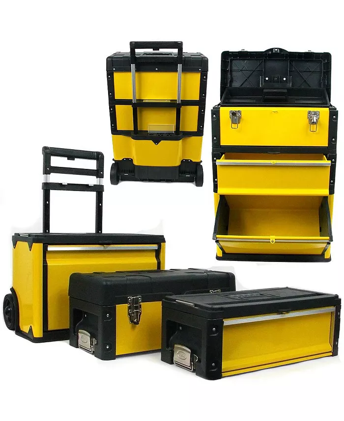 Stalwart Portable Tool Box on Wheels - Stackable 3-in-1 Chest for Workshops and Craft Rooms - Foldable Comfort Handle and Latches by (Black Yellow) - Intensery