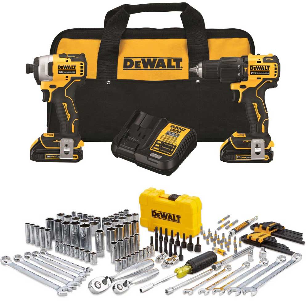 DEWALT ATOMIC 20V MAX* 1/2 Hammer Drill/Driver 1/4 Impact Driver 142pc Mechanics Tool Set Bundle - Intensery