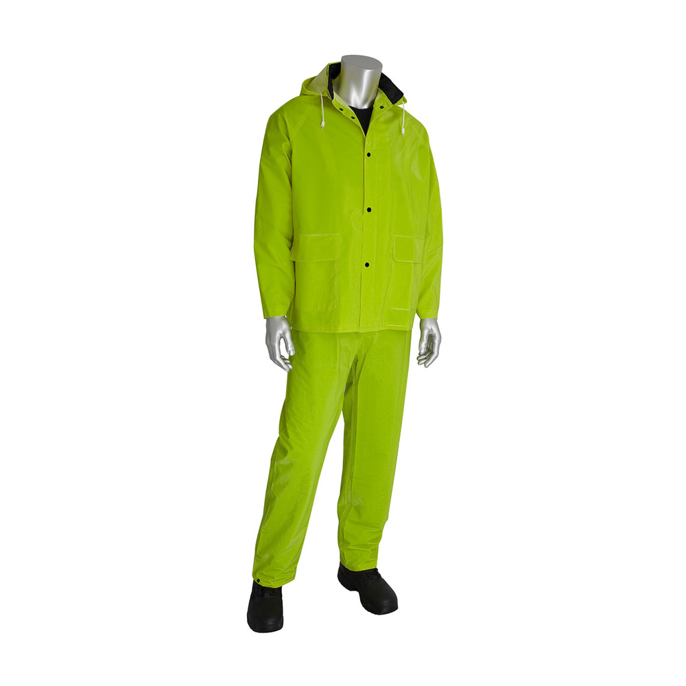 Rainsuit 3pc. .35mm PVC/Polyester， Hood， Corduroy Collar， Hi Vis LY， 4XL - Intensery