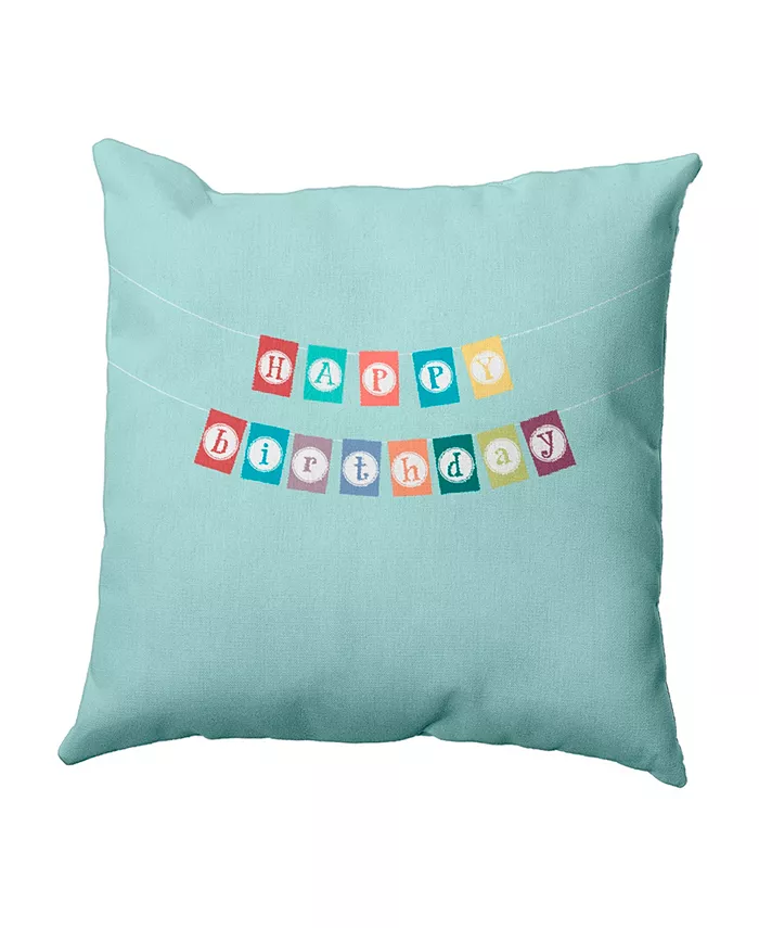 E by Design Happy Birthday 16 Inch Aqua Decorative Birthday Word Print Throw Pillow - Intensery