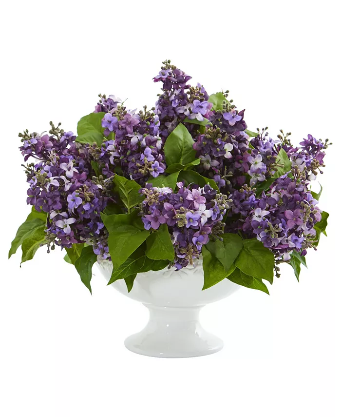Nearly Natural Lilac Artificial Arrangement in White Pedestal Vase - Intensery